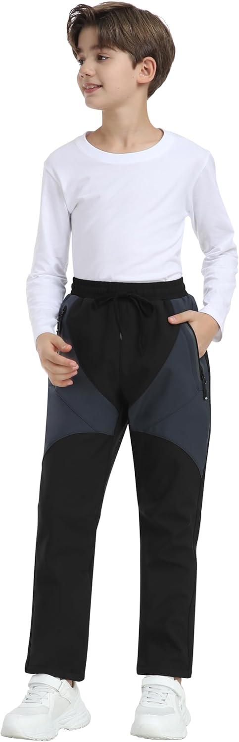 imageMoFiz Kids Fleece Lined Hiking Snow Ski Pants Boys Waterproof Winter Warm Outdoor Pants with Zippered PocketBlack01