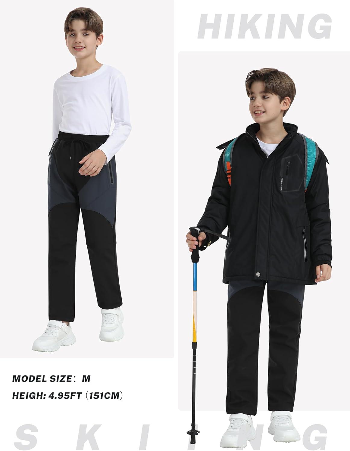 imageMoFiz Kids Fleece Lined Hiking Snow Ski Pants Boys Waterproof Winter Warm Outdoor Pants with Zippered PocketBlack01