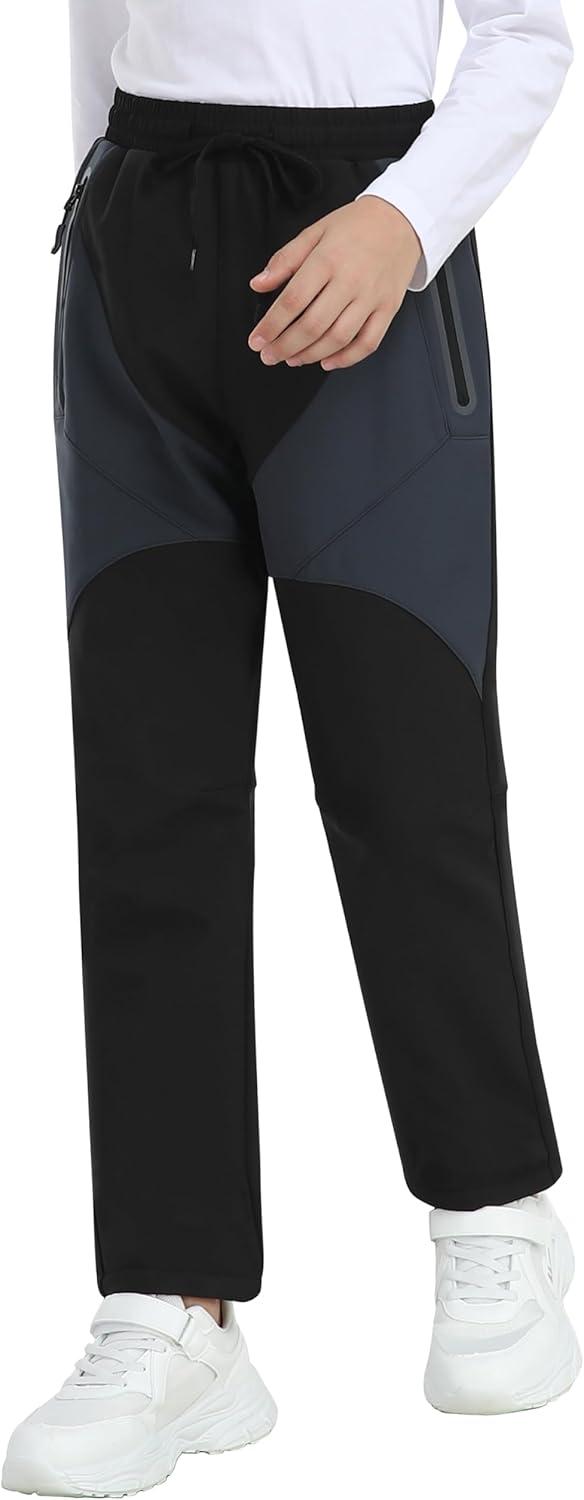 imageMoFiz Kids Fleece Lined Hiking Snow Ski Pants Boys Waterproof Winter Warm Outdoor Pants with Zippered PocketBlack01