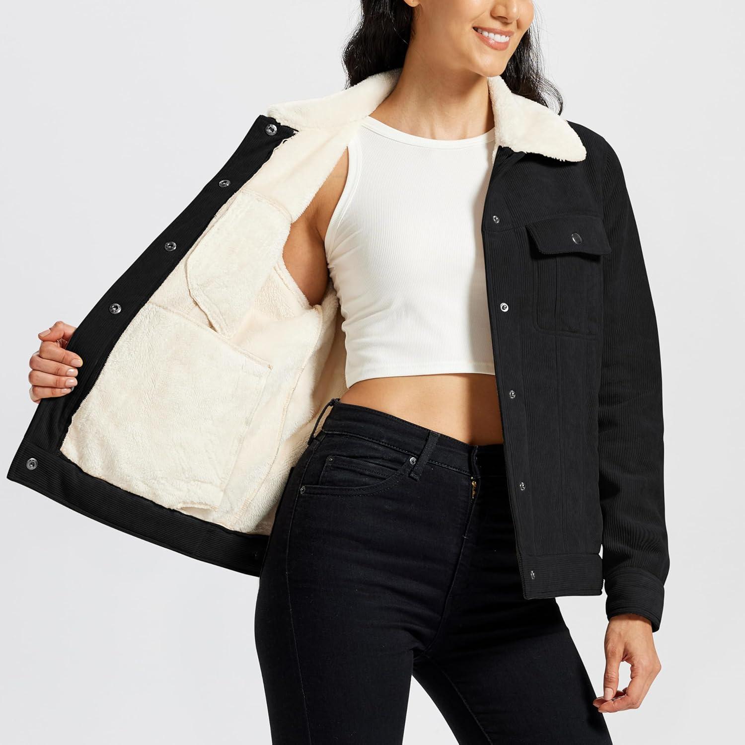 imageMoFiz Womens Corduroy Jacket Sherpa Fleece Lined Warm Winter Coat Button Down Casual Jacket with PocketsBlack