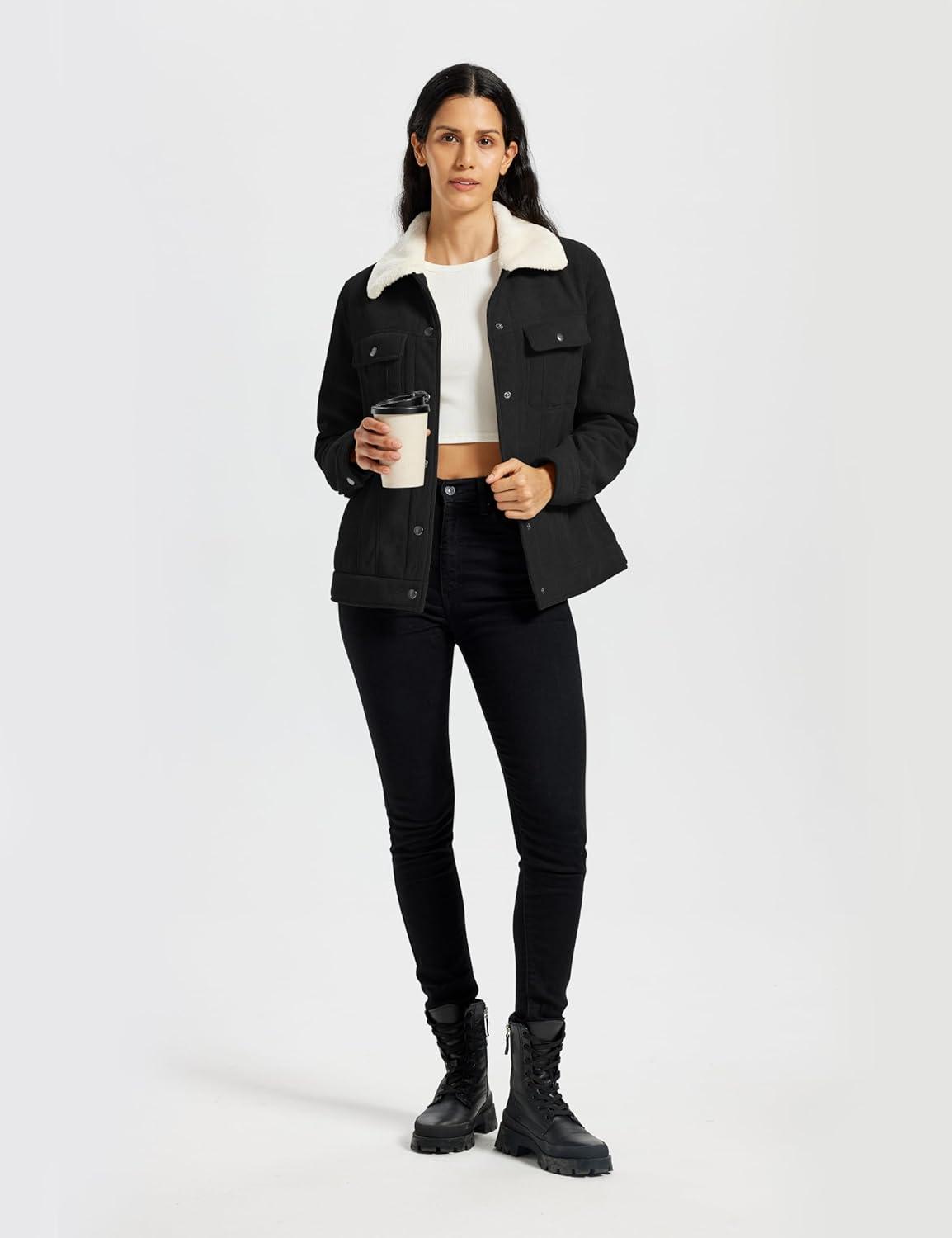 imageMoFiz Womens Corduroy Jacket Sherpa Fleece Lined Warm Winter Coat Button Down Casual Jacket with PocketsBlack