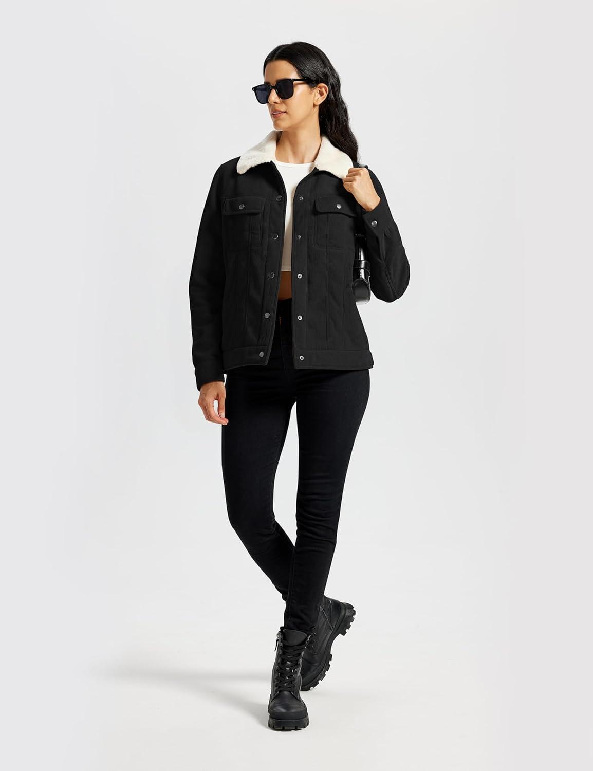 imageMoFiz Womens Corduroy Jacket Sherpa Fleece Lined Warm Winter Coat Button Down Casual Jacket with PocketsBlack