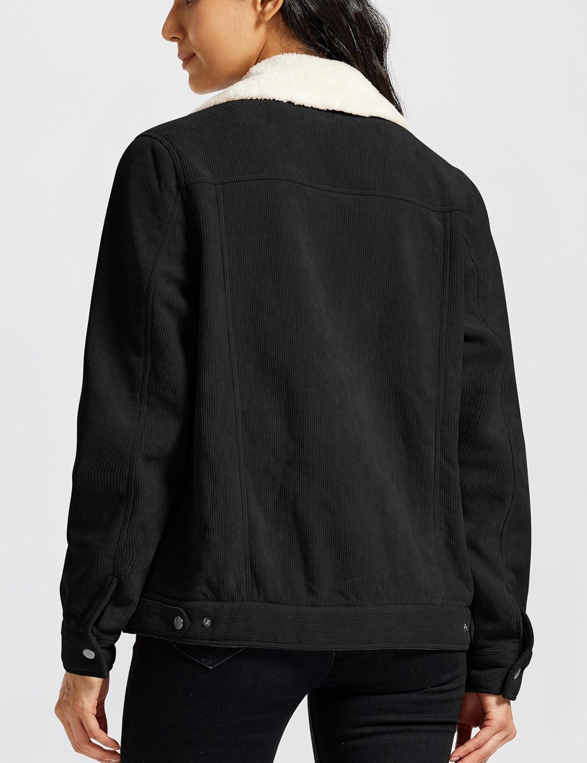 imageMoFiz Womens Corduroy Jacket Sherpa Fleece Lined Warm Winter Coat Button Down Casual Jacket with PocketsBlack