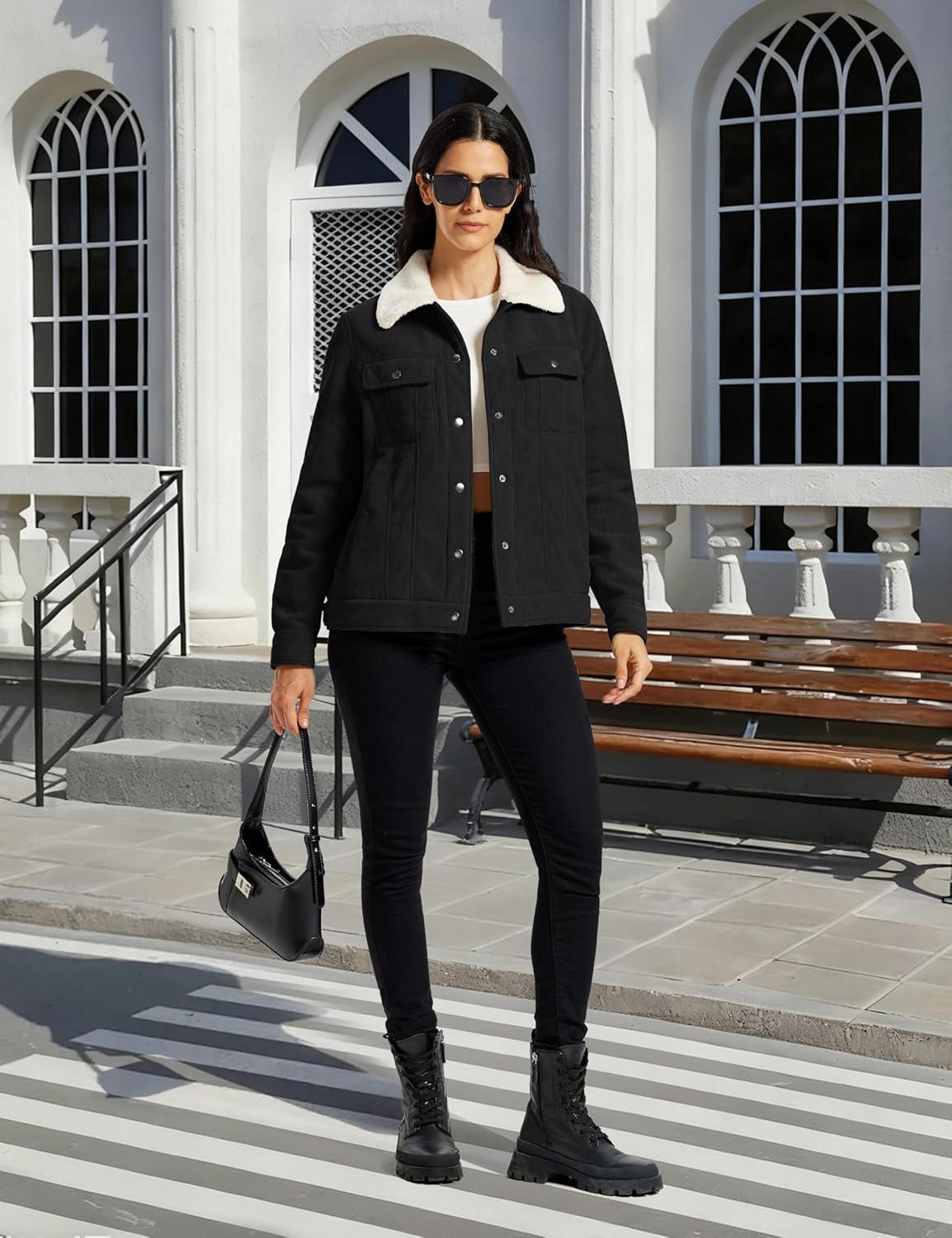 imageMoFiz Womens Corduroy Jacket Sherpa Fleece Lined Warm Winter Coat Button Down Casual Jacket with PocketsBlack