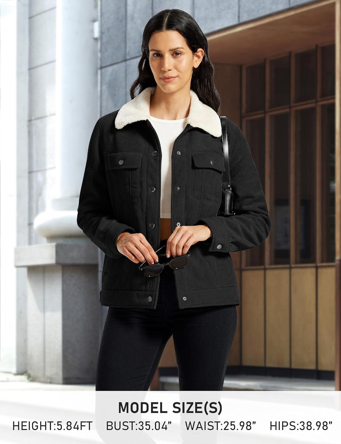 imageMoFiz Womens Corduroy Jacket Sherpa Fleece Lined Warm Winter Coat Button Down Casual Jacket with PocketsBlack