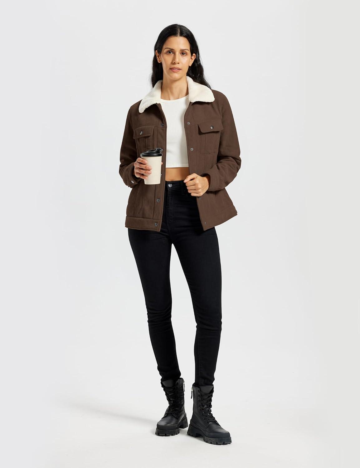 imageMoFiz Womens Corduroy Jacket Sherpa Fleece Lined Warm Winter Coat Button Down Casual Jacket with PocketsBrown