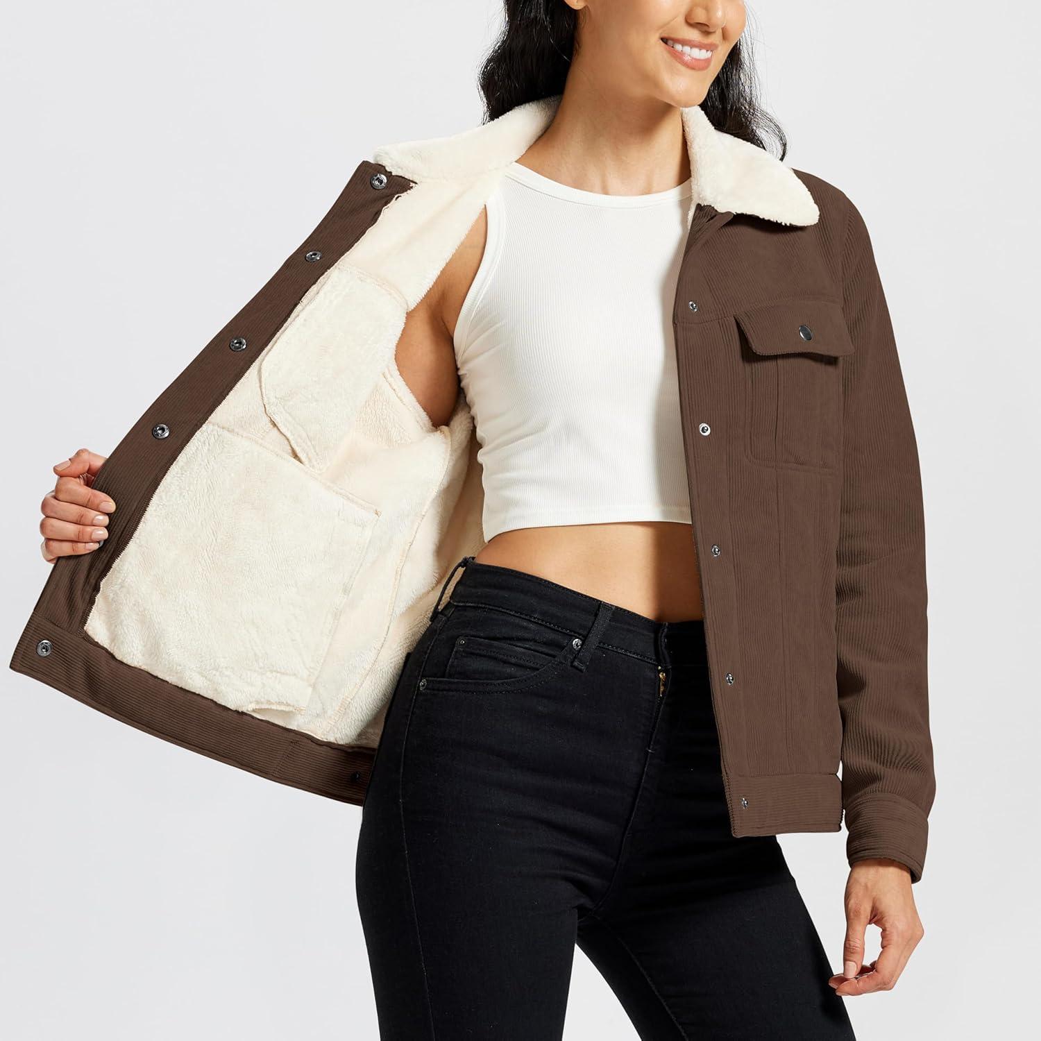 imageMoFiz Womens Corduroy Jacket Sherpa Fleece Lined Warm Winter Coat Button Down Casual Jacket with PocketsBrown