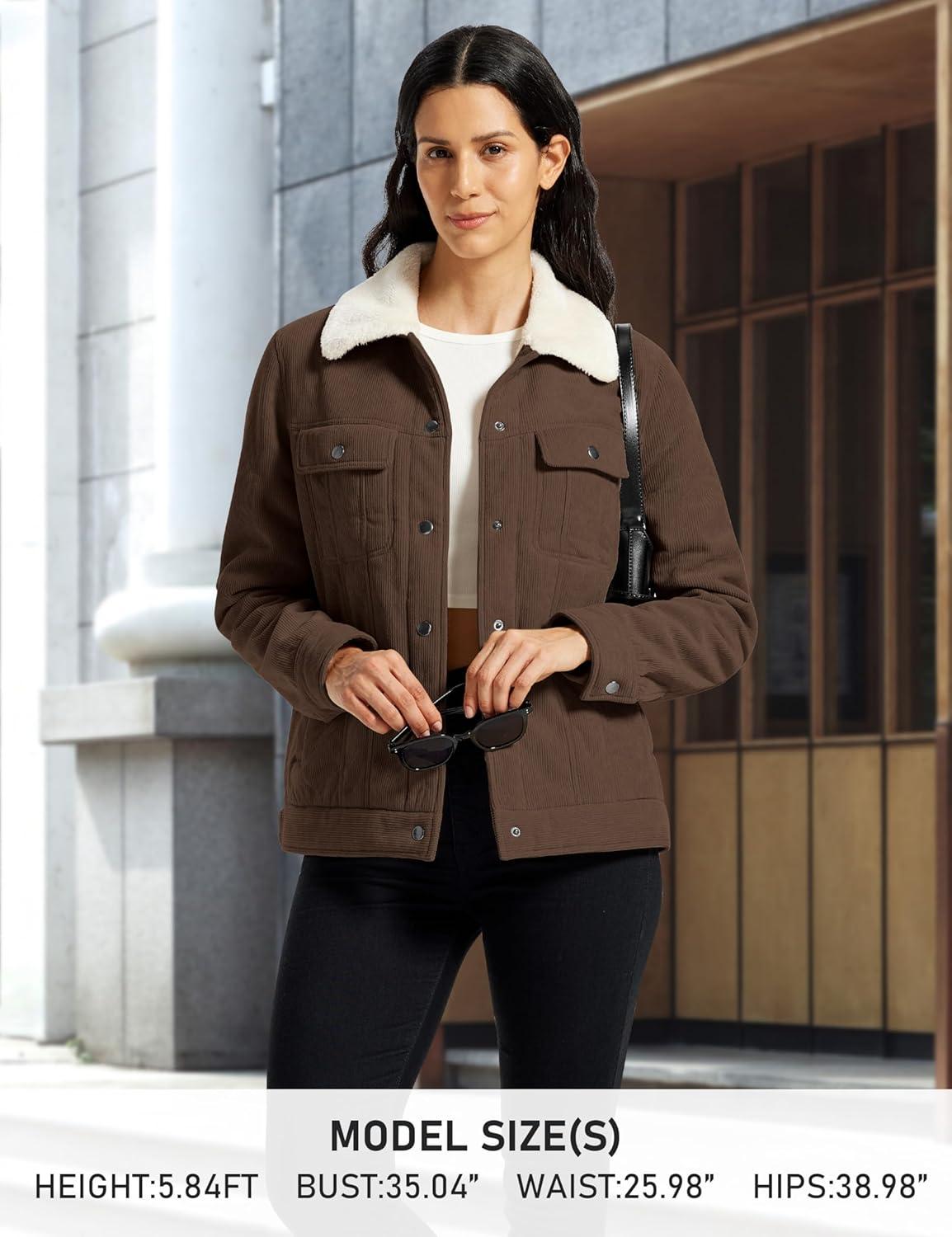 imageMoFiz Womens Corduroy Jacket Sherpa Fleece Lined Warm Winter Coat Button Down Casual Jacket with PocketsBrown