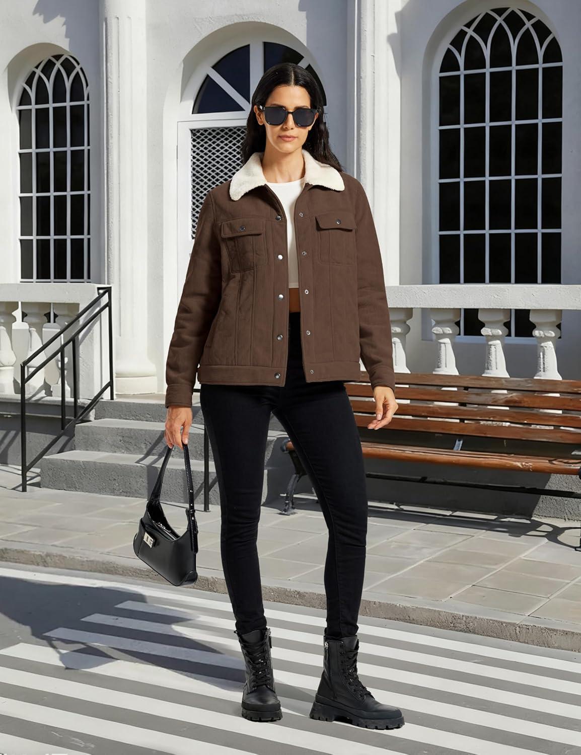 imageMoFiz Womens Corduroy Jacket Sherpa Fleece Lined Warm Winter Coat Button Down Casual Jacket with PocketsBrown