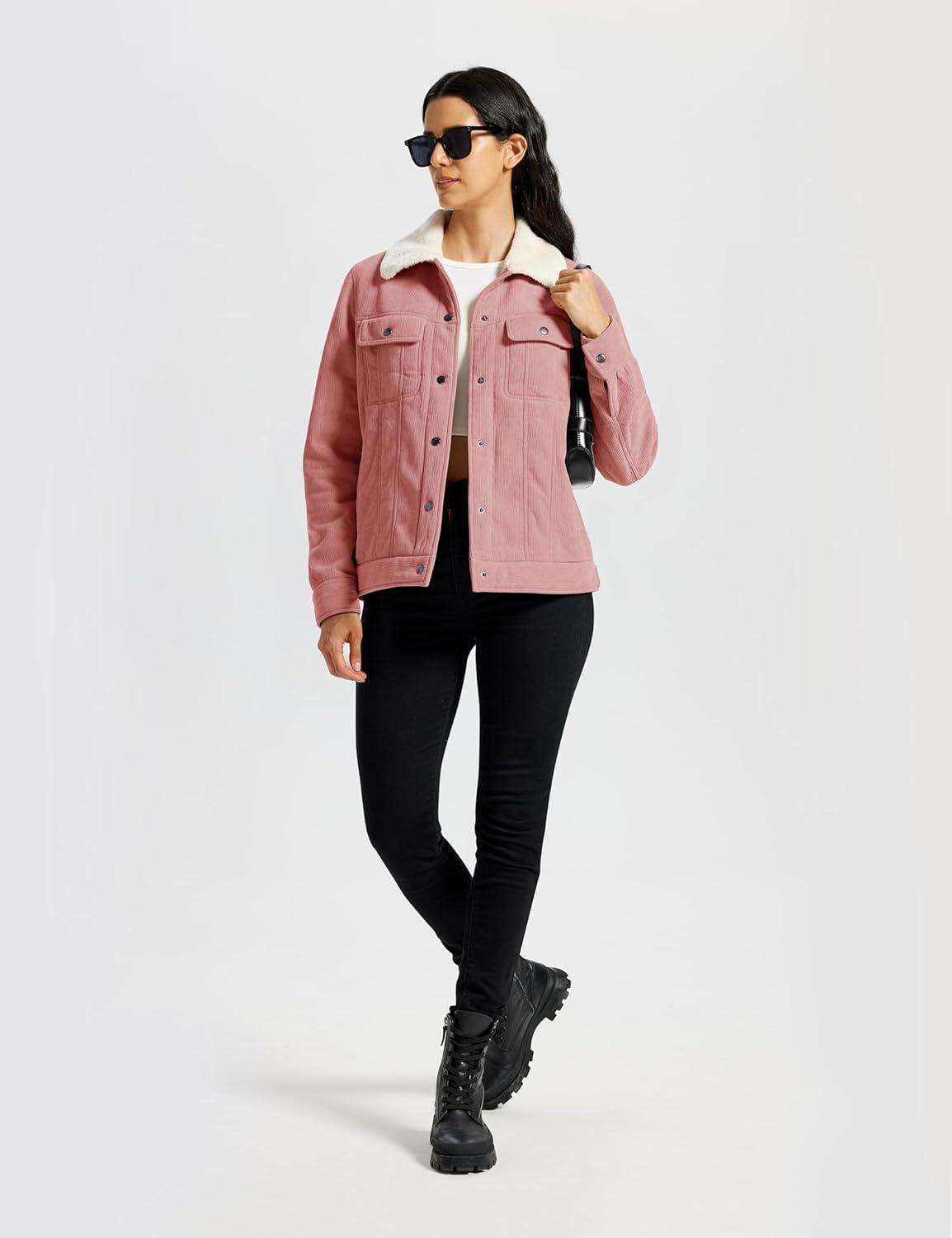 imageMoFiz Womens Corduroy Jacket Sherpa Fleece Lined Warm Winter Coat Button Down Casual Jacket with PocketsPink