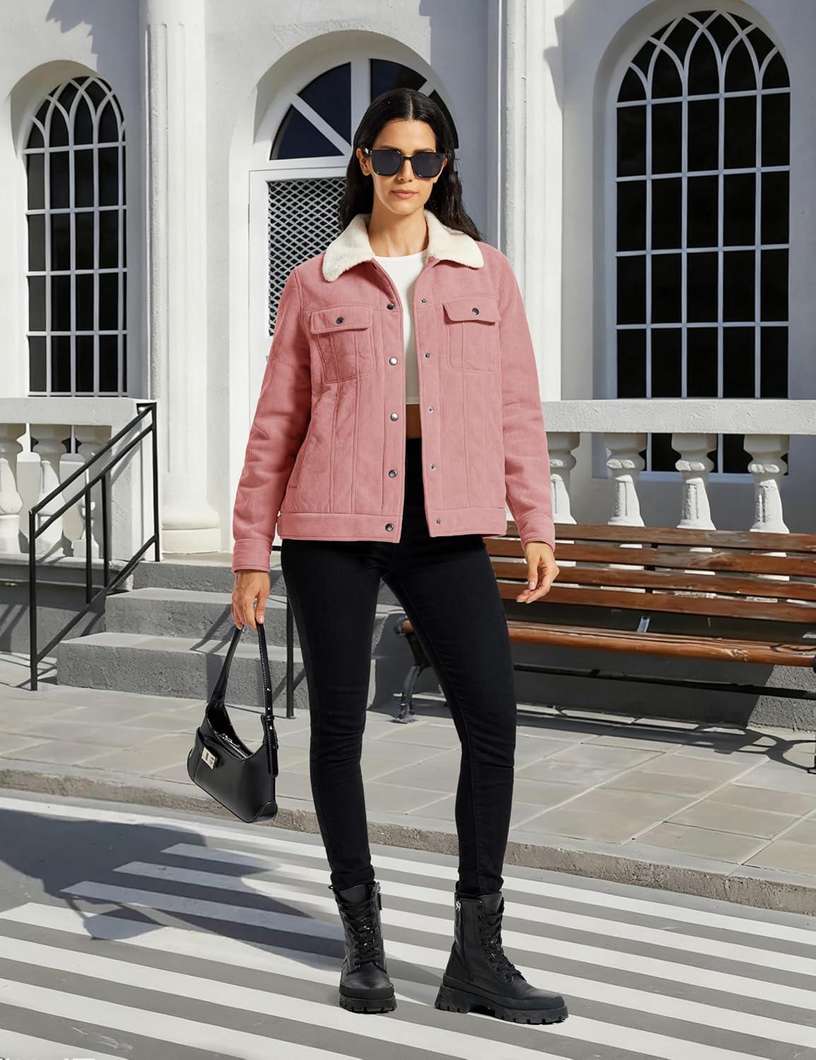 imageMoFiz Womens Corduroy Jacket Sherpa Fleece Lined Warm Winter Coat Button Down Casual Jacket with PocketsPink