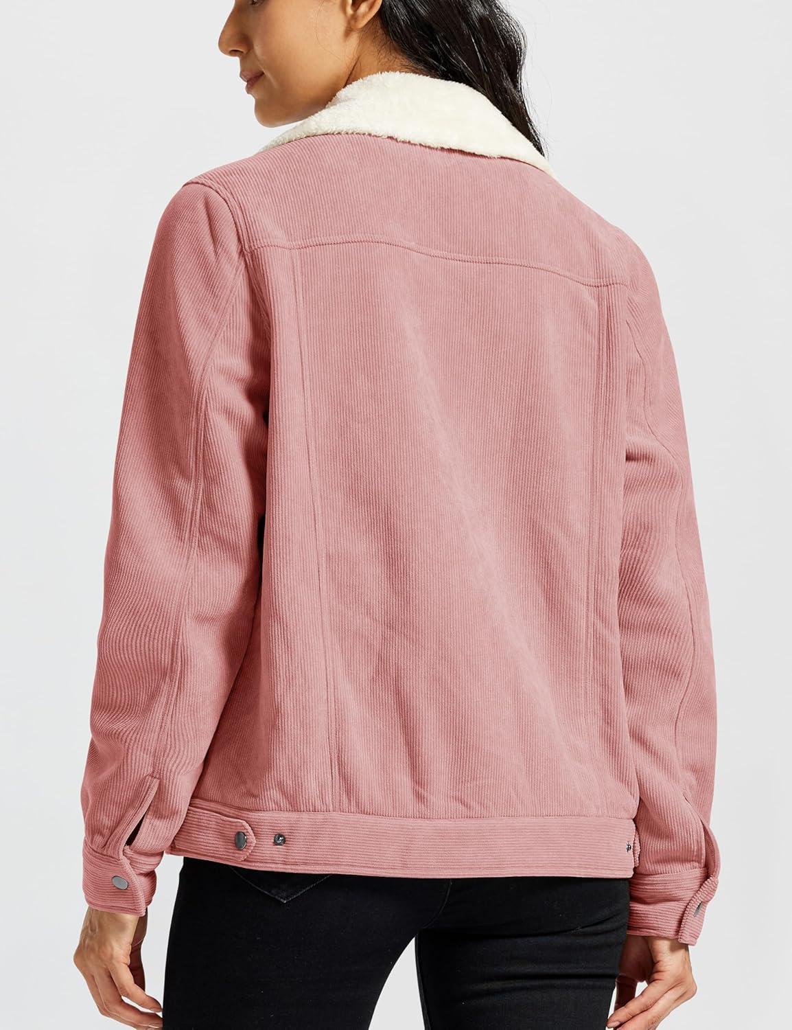 imageMoFiz Womens Corduroy Jacket Sherpa Fleece Lined Warm Winter Coat Button Down Casual Jacket with PocketsPink