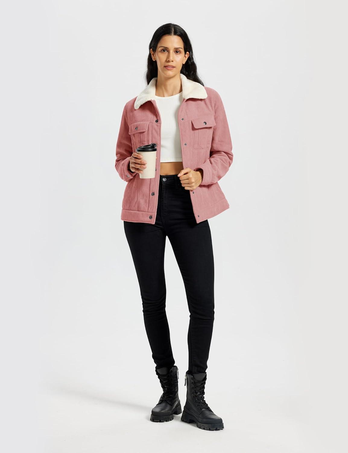 imageMoFiz Womens Corduroy Jacket Sherpa Fleece Lined Warm Winter Coat Button Down Casual Jacket with PocketsPink