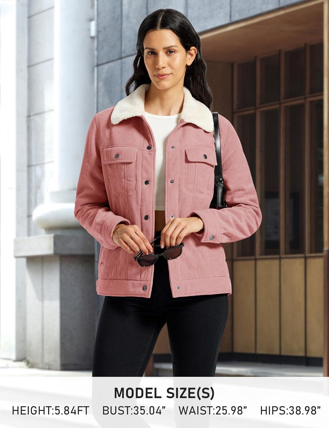imageMoFiz Womens Corduroy Jacket Sherpa Fleece Lined Warm Winter Coat Button Down Casual Jacket with PocketsPink