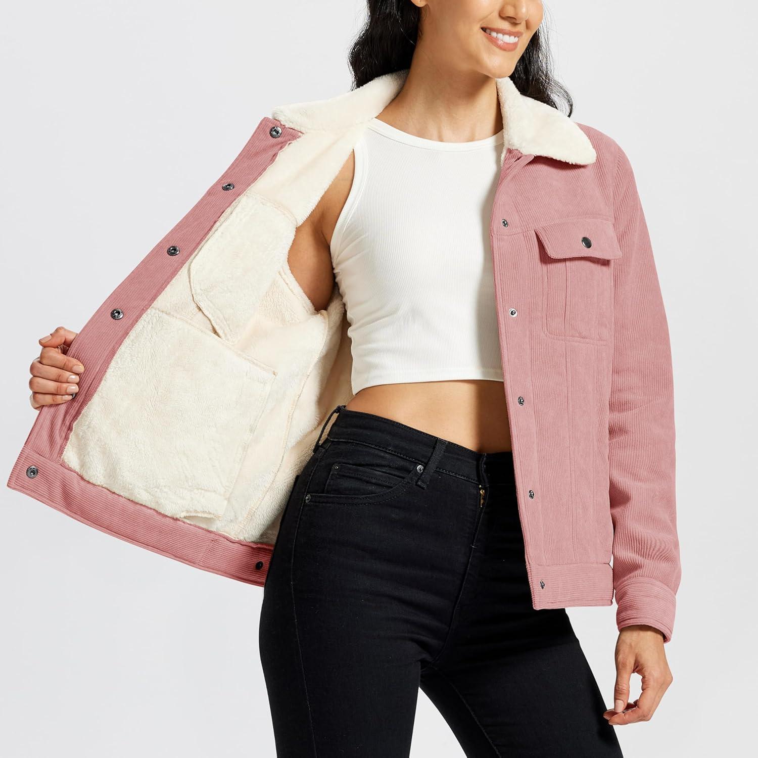 imageMoFiz Womens Corduroy Jacket Sherpa Fleece Lined Warm Winter Coat Button Down Casual Jacket with PocketsPink