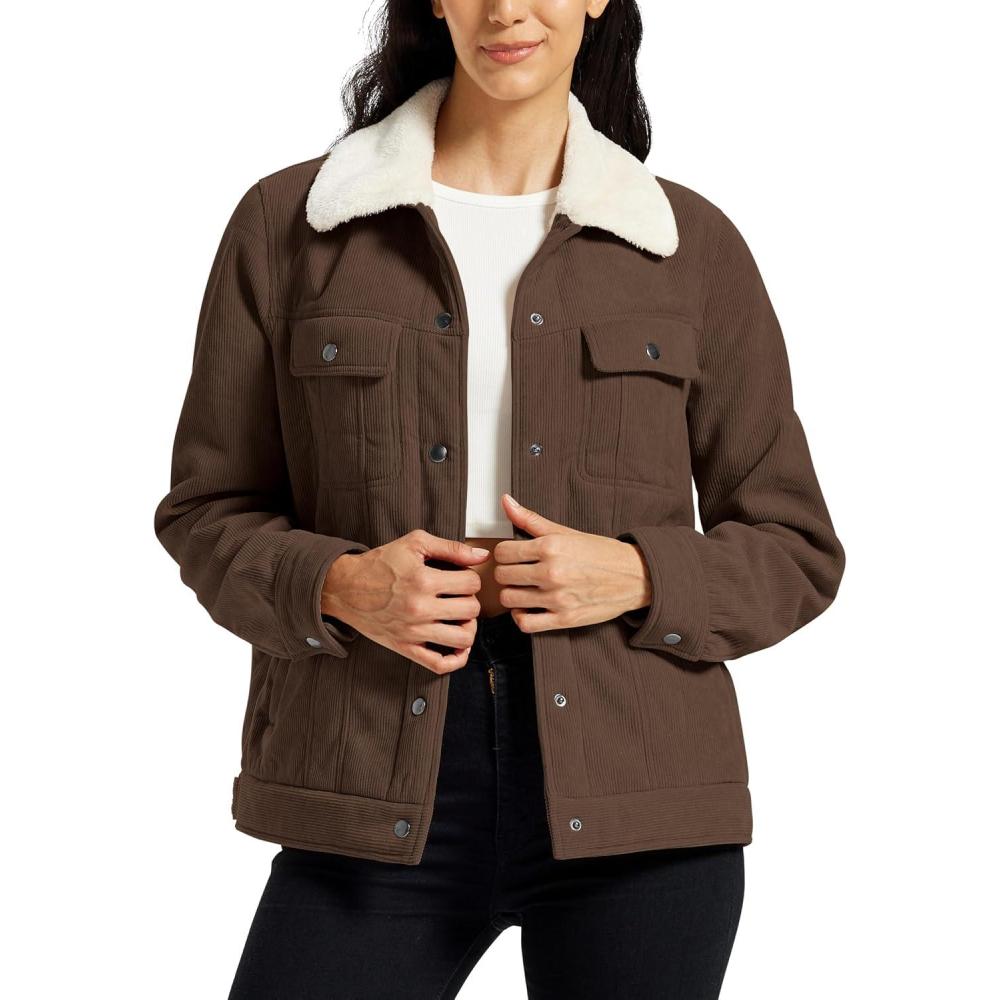 imageMoFiz Womens Corduroy Jacket Sherpa Fleece Lined Warm Winter Coat Button Down Casual Jacket with PocketsBrown