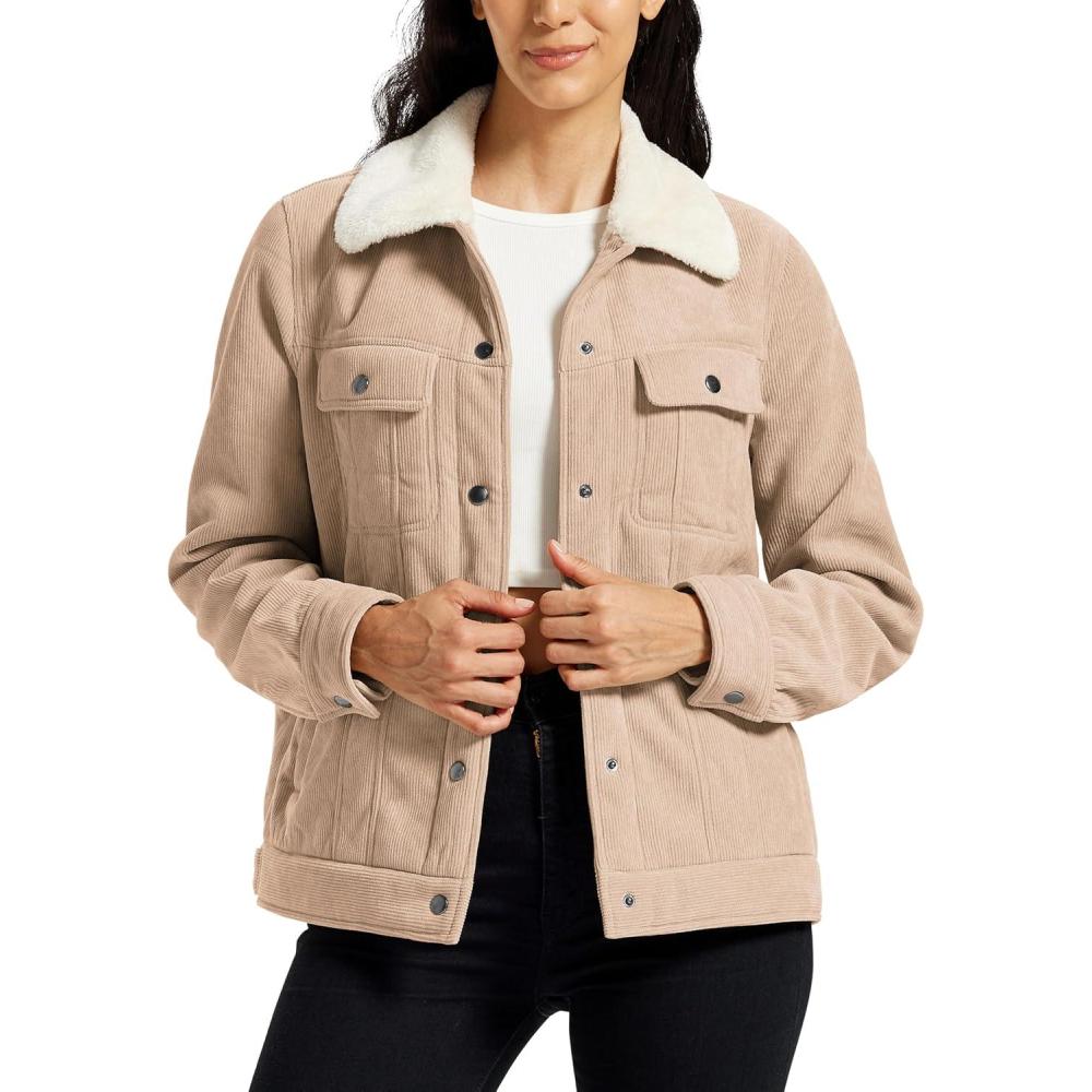 imageMoFiz Womens Corduroy Jacket Sherpa Fleece Lined Warm Winter Coat Button Down Casual Jacket with PocketsLight Khaki