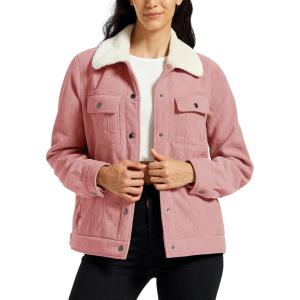 MoFiz Women’s Corduroy Jacket Sherpa Fleece Lined Warm Winter Coat Button Down Casual Jacket with Pockets(Pink)