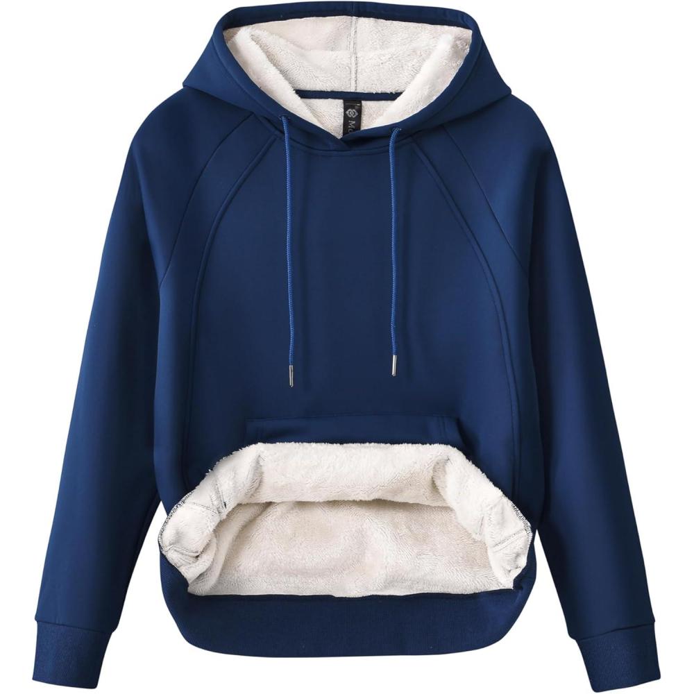 imageMoFiz Womens Casual Winter Warm Fleece Sherpa Lined Hoodie Sweatshirt Thick Long Sleeve Pullover with PocketsA03navy