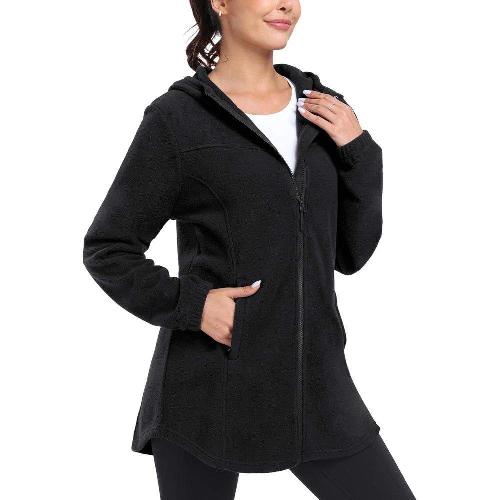imageMoFiz Womens Long Fleece Zip Up Hoodies Long Sleeve Full Zip Soft Warm Polar Fleece Jacket Coat with Pocket for Fall WinterJacketblack