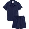 MoFiz Boy’s Short 2 Pieces Set Casual Beach Outfits Button Down Shirts Shorts Vacation Texture Sets Kids 6-16 Years(Navy)