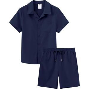MoFiz Boy’s Short 2 Pieces Set Casual Beach Outfits Button Down Shirts Shorts Vacation Texture Sets Kids 6-16 Years(Navy)