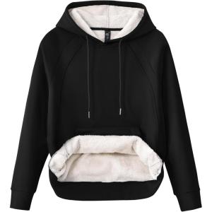 MoFiz Women’s Casual Winter Warm Fleece Sherpa Lined Hoodie Sweatshirt Thick Long Sleeve Pullover with Pockets(A01-black)