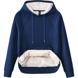 MoFiz Women’s Casual Winter Warm Fleece Sherpa Lined Hoodie Sweatshirt Thick Long Sleeve Pullover with Pockets(A03-navy)