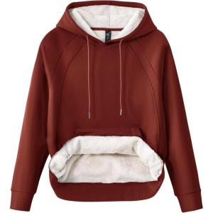 MoFiz Women’s Casual Winter Warm Fleece Sherpa Lined Hoodie Sweatshirt Thick Long Sleeve Pullover with Pockets(A04-red)