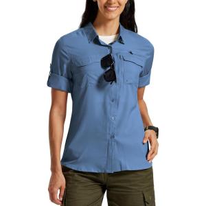 MoFiz Womens UPF 50+ UV Sun Protection Safari Shirts Long Sleeve Outdoor Cool Quick Dry Fishing Hiking Gardening Shirts(A02-gray Blue)