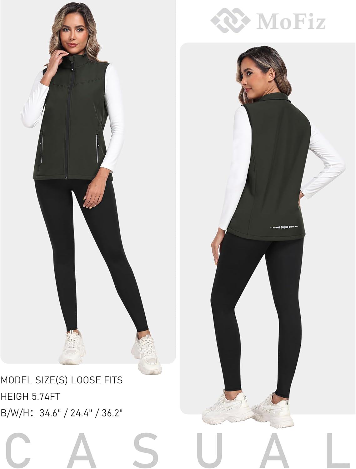 image:imageMoFiz Womens Fleece Lined Softshell Vest Windproof Lightweight Insulated Sleeveless Jacket Full Zip Running VestArmy Green