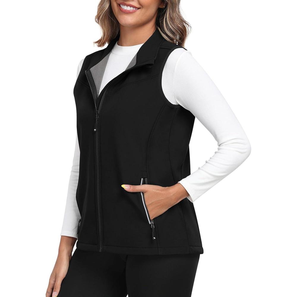 image:imageMoFiz Womens Fleece Lined Softshell Vest Windproof Lightweight Insulated Sleeveless Jacket Full Zip Running VestBlack