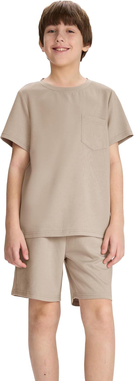 image:imageMoFiz Boys Short Set 2 Piece Crewneck TShirt and Short Outfits Summer Casual Sets for KidsLight Khaki