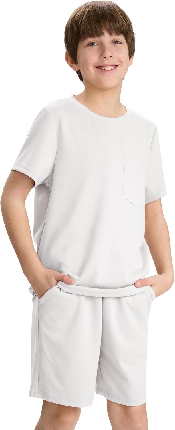 image:imageMoFiz Boys Short Set 2 Piece Crewneck TShirt and Short Outfits Summer Casual Sets for KidsWhite