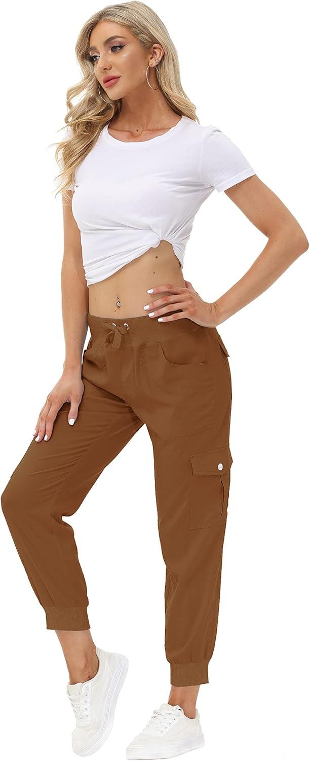 image:imageMoFiz Womens Lightweight Hiking Cargo Pants Outdoor Quick Dry Casual Travel Sweatpants Joggers Elastic Waist Button PocketsA09earthy Yellow