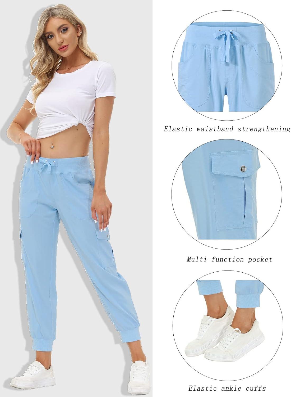 image:imageMoFiz Womens Lightweight Hiking Cargo Pants Outdoor Quick Dry Casual Travel Sweatpants Joggers Elastic Waist Button PocketsA15wathet