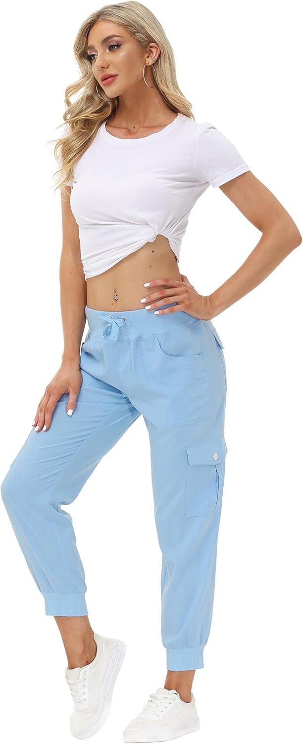 image:imageMoFiz Womens Lightweight Hiking Cargo Pants Outdoor Quick Dry Casual Travel Sweatpants Joggers Elastic Waist Button PocketsA15wathet