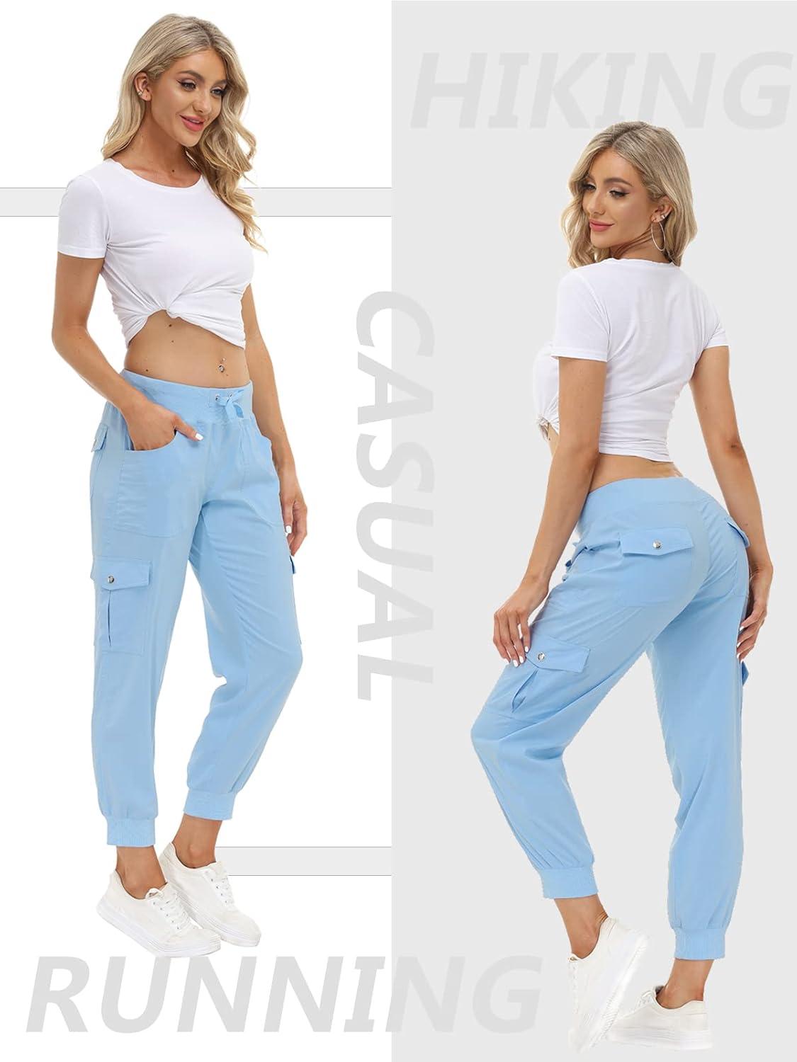 image:imageMoFiz Womens Lightweight Hiking Cargo Pants Outdoor Quick Dry Casual Travel Sweatpants Joggers Elastic Waist Button PocketsA15wathet