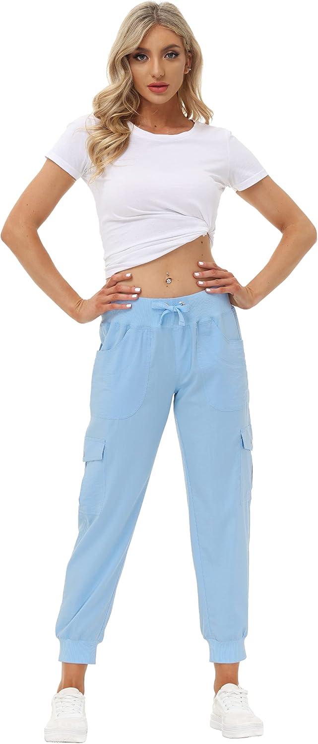 image:imageMoFiz Womens Lightweight Hiking Cargo Pants Outdoor Quick Dry Casual Travel Sweatpants Joggers Elastic Waist Button PocketsA15wathet