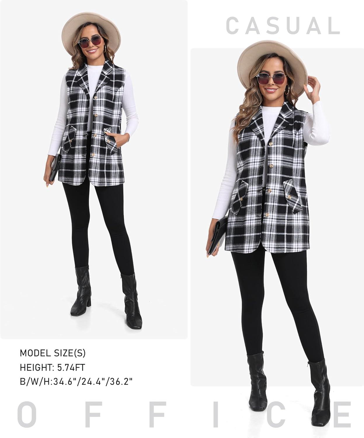 image:imageMoFiz Womens Long Flannel Plaid Vest Fall Winter Button Down Sleeveless Blazer Jackets Cardigan Coat Outerwear With PocketsA01black White