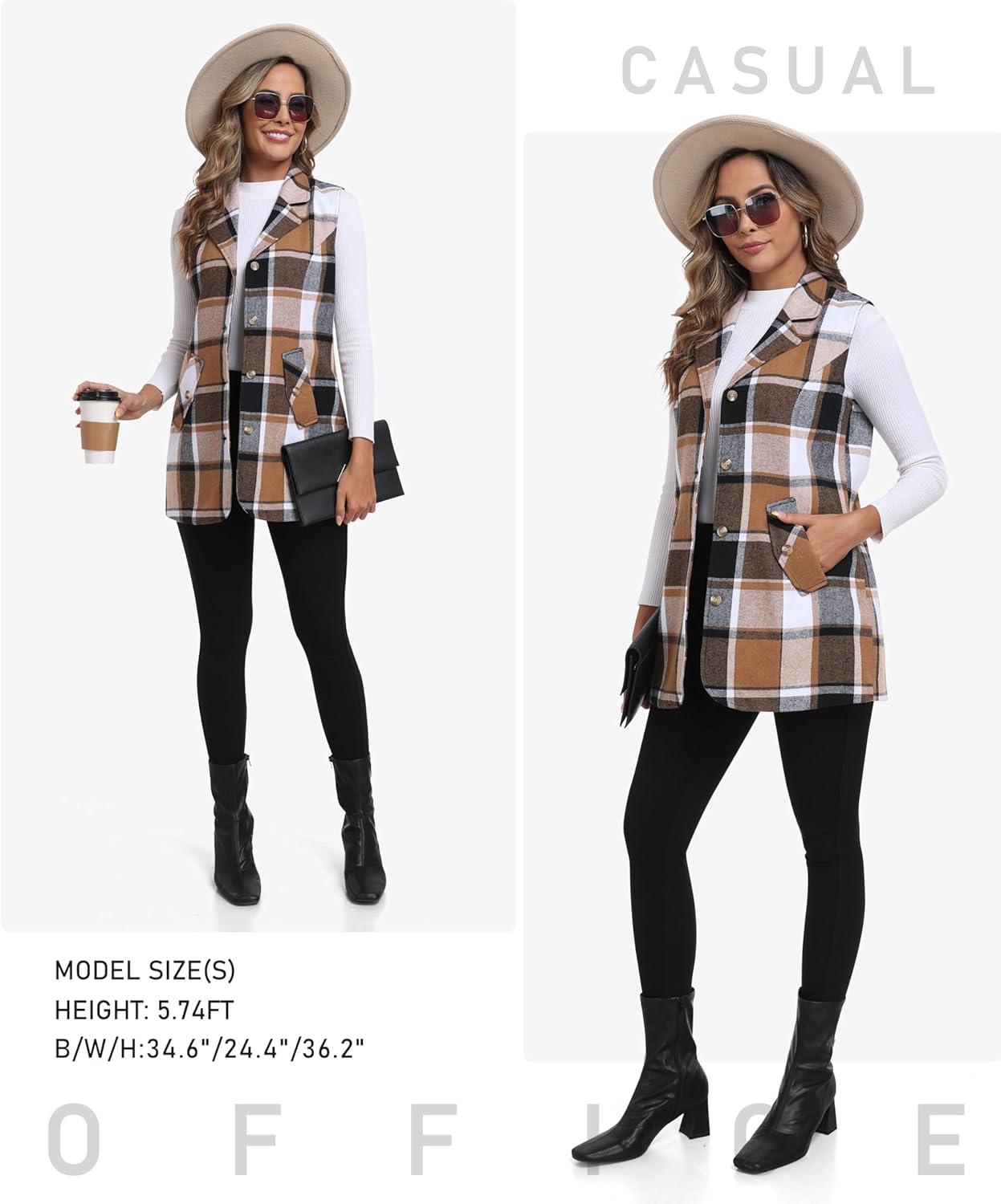 image:imageMoFiz Womens Long Flannel Plaid Vest Fall Winter Button Down Sleeveless Blazer Jackets Cardigan Coat Outerwear With PocketsA02brown