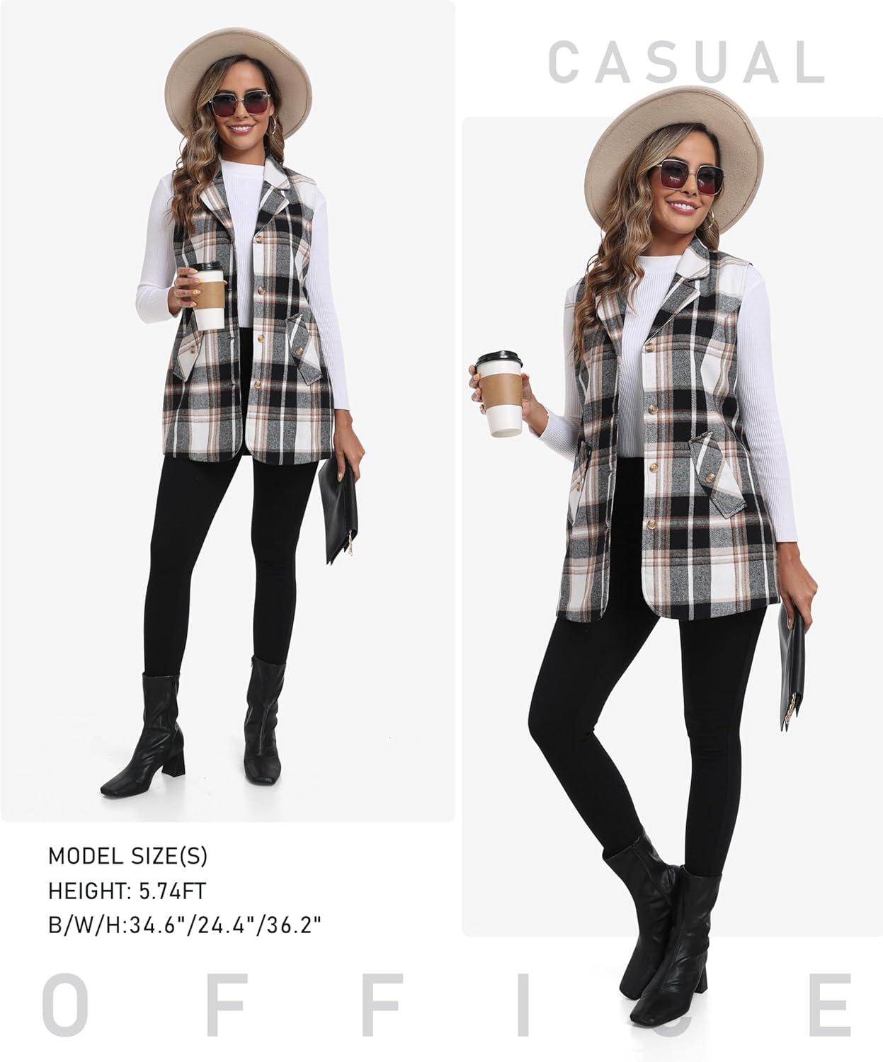 image:imageMoFiz Womens Long Flannel Plaid Vest Fall Winter Button Down Sleeveless Blazer Jackets Cardigan Coat Outerwear With PocketsA03black Brown