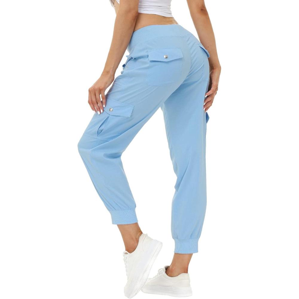 image:imageMoFiz Womens Lightweight Hiking Cargo Pants Outdoor Quick Dry Casual Travel Sweatpants Joggers Elastic Waist Button PocketsA15wathet
