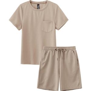 MoFiz Boy’s Short Set 2 Piece Crewneck T-Shirt and Short Outfits Summer Casual Sets for Kids(Light Khaki)