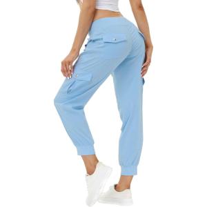 MoFiz Women’s Lightweight Hiking Cargo Pants Outdoor Quick Dry Casual Travel Sweatpants Joggers Elastic Waist Button Pockets(A15-wathet)
