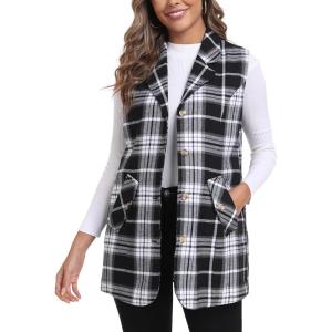 MoFiz Womens Long Flannel Plaid Vest Fall Winter Button Down Sleeveless Blazer Jackets Cardigan Coat Outerwear With Pockets(A01-black White)