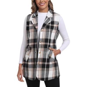 MoFiz Womens Long Flannel Plaid Vest Fall Winter Button Down Sleeveless Blazer Jackets Cardigan Coat Outerwear With Pockets(A03-black Brown)
