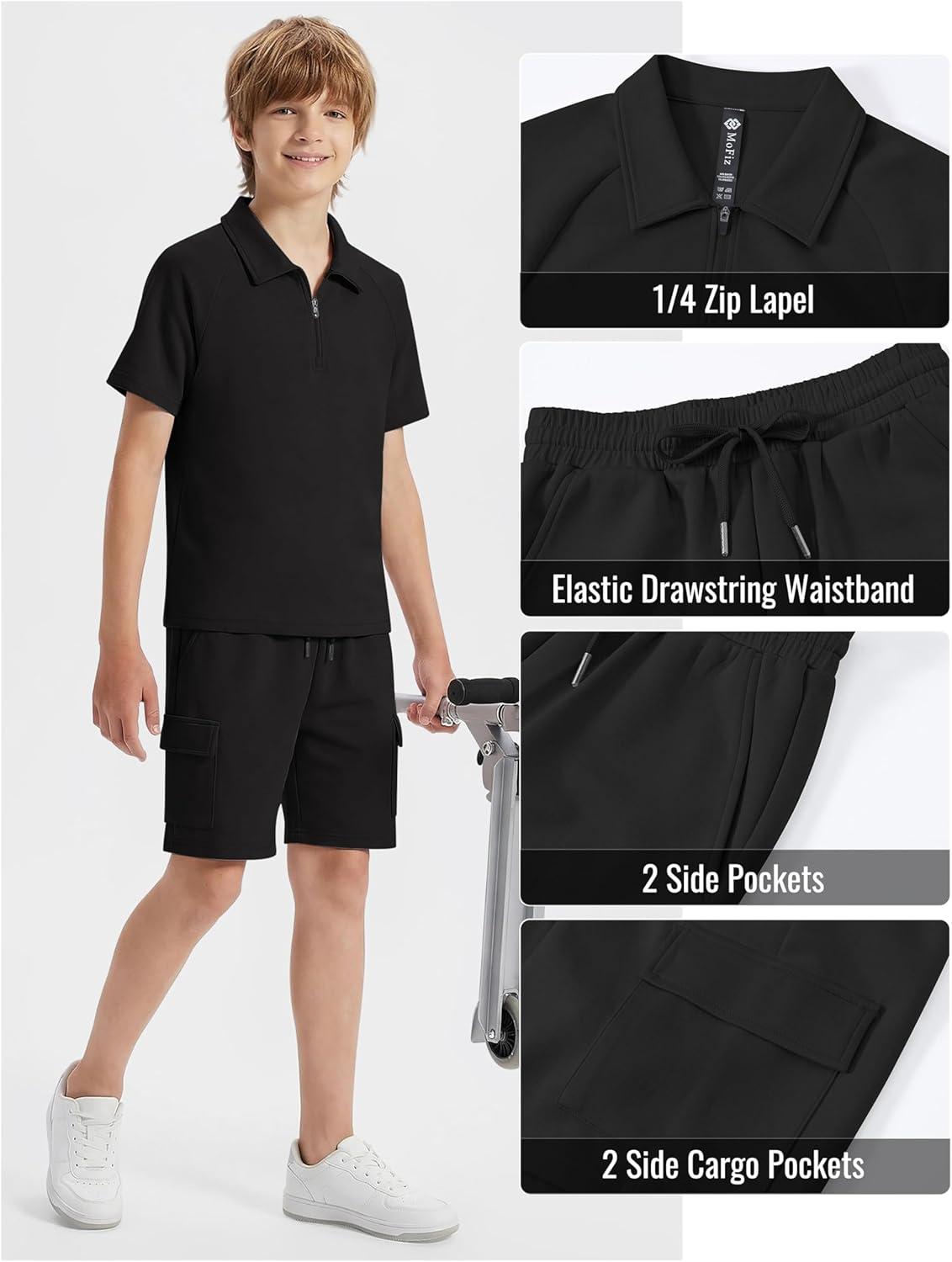 image:imageMoFiz Boys Short Set QuarterZip TShirt and Shorts Lounge Sets Summer Casual Athletic Vacation Beach OutfitsBlack