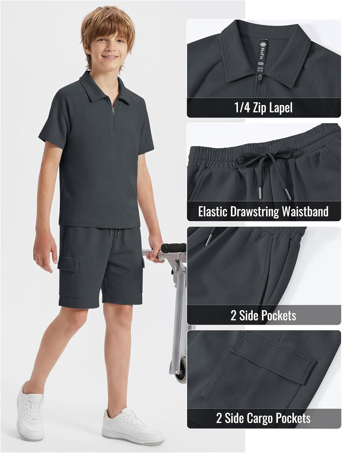 image:imageMoFiz Boys Short Set QuarterZip TShirt and Shorts Lounge Sets Summer Casual Athletic Vacation Beach OutfitsGray