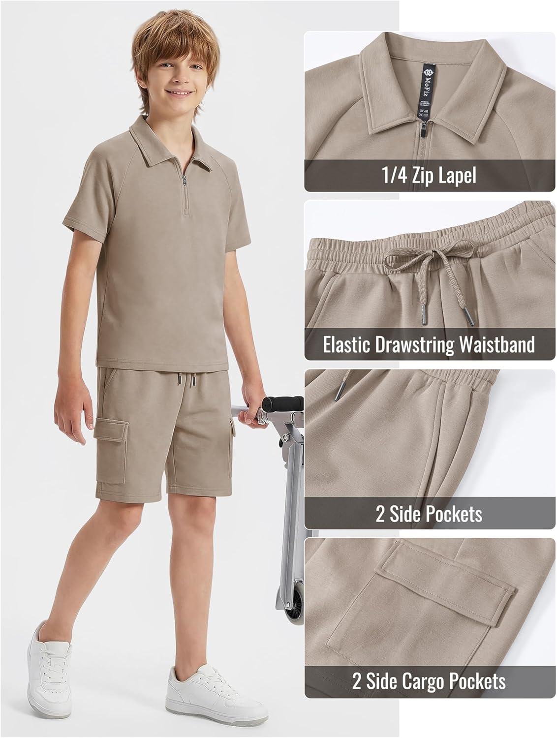 image:imageMoFiz Boys Short Set QuarterZip TShirt and Shorts Lounge Sets Summer Casual Athletic Vacation Beach OutfitsLight Khaki